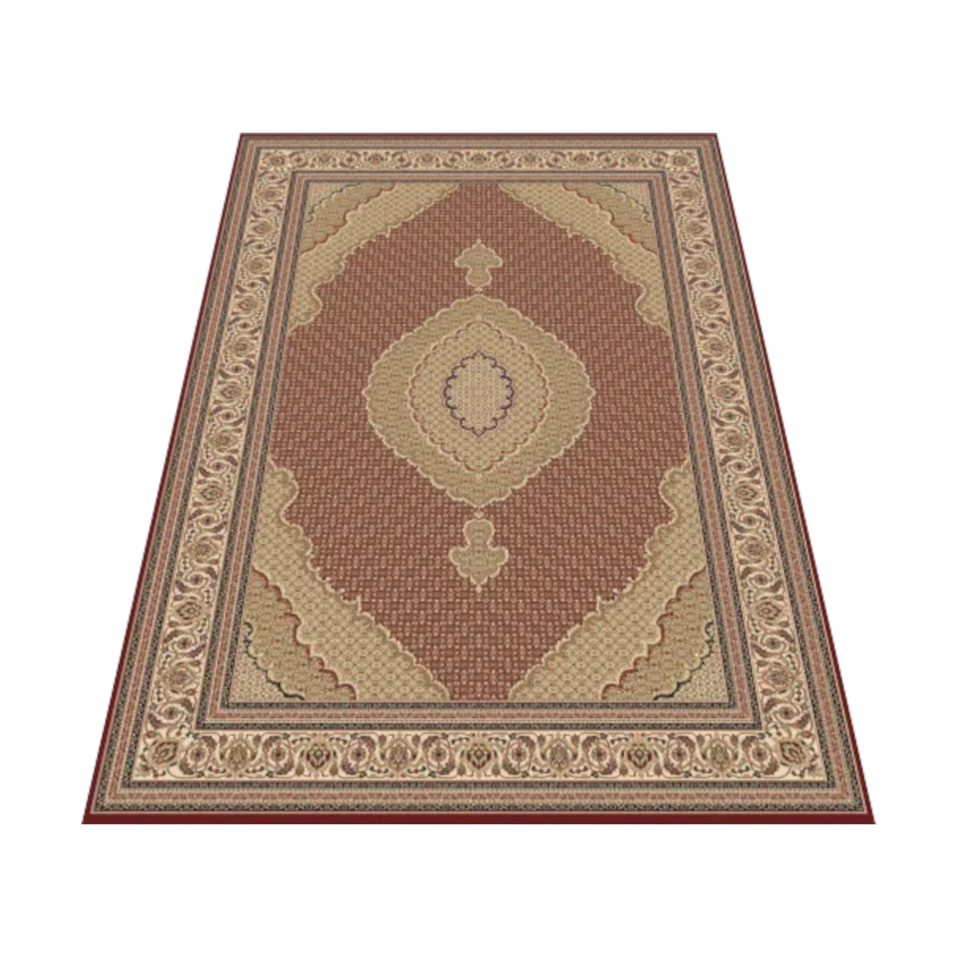 Angled view of Isfahan Traditional Red Designer Rug showing red field, beige medallion and patterned border