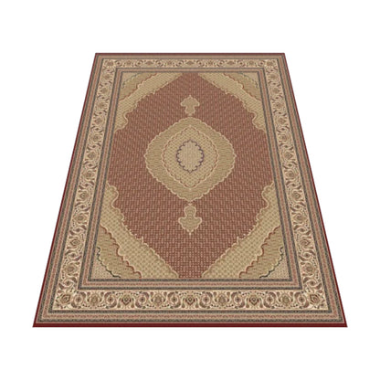 Angled view of Isfahan Traditional Red Designer Rug showing red field, beige medallion and patterned border