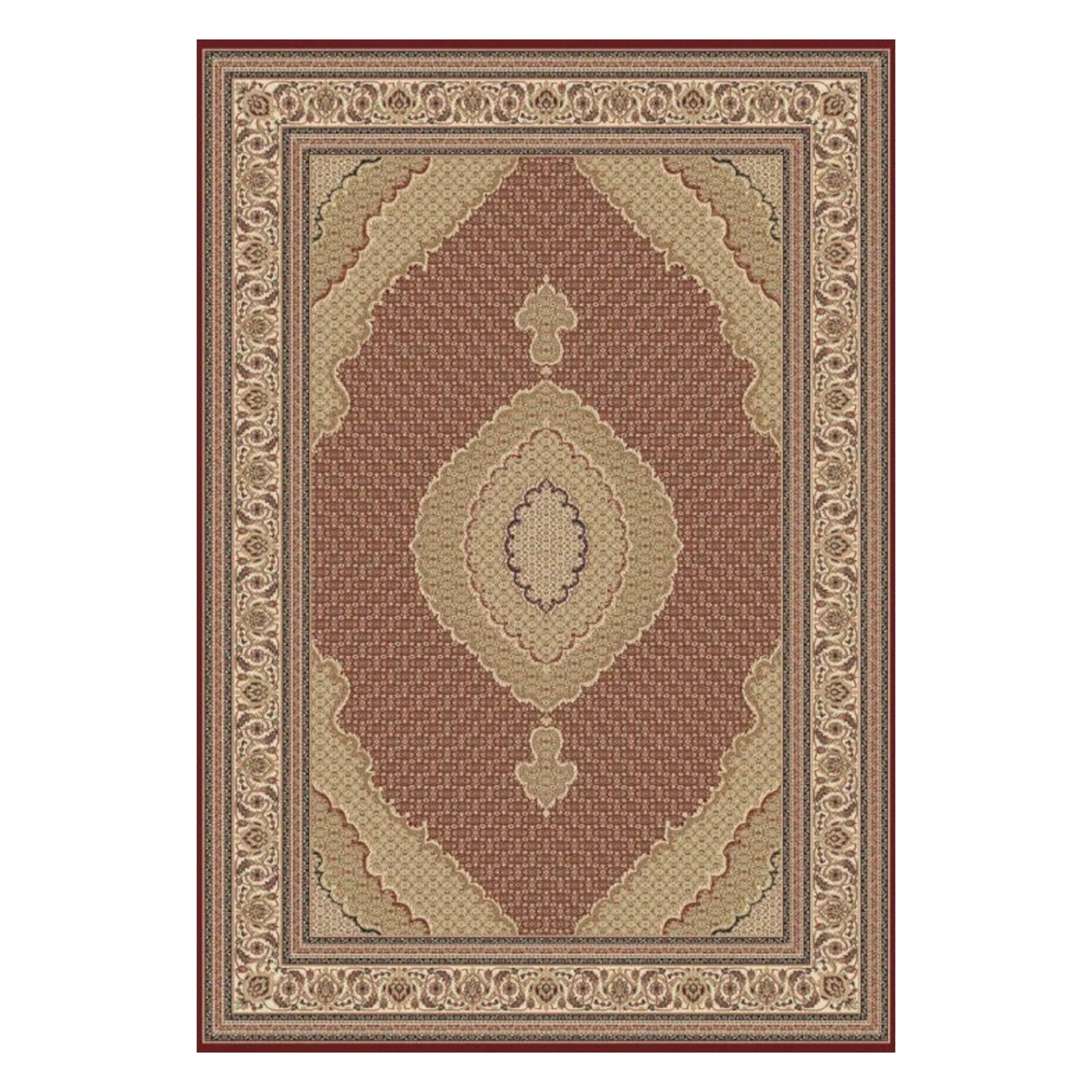 Full view of Isfahan Traditional Red Designer Rug with beige central medallion and ornamental border, 290 x 200 cm