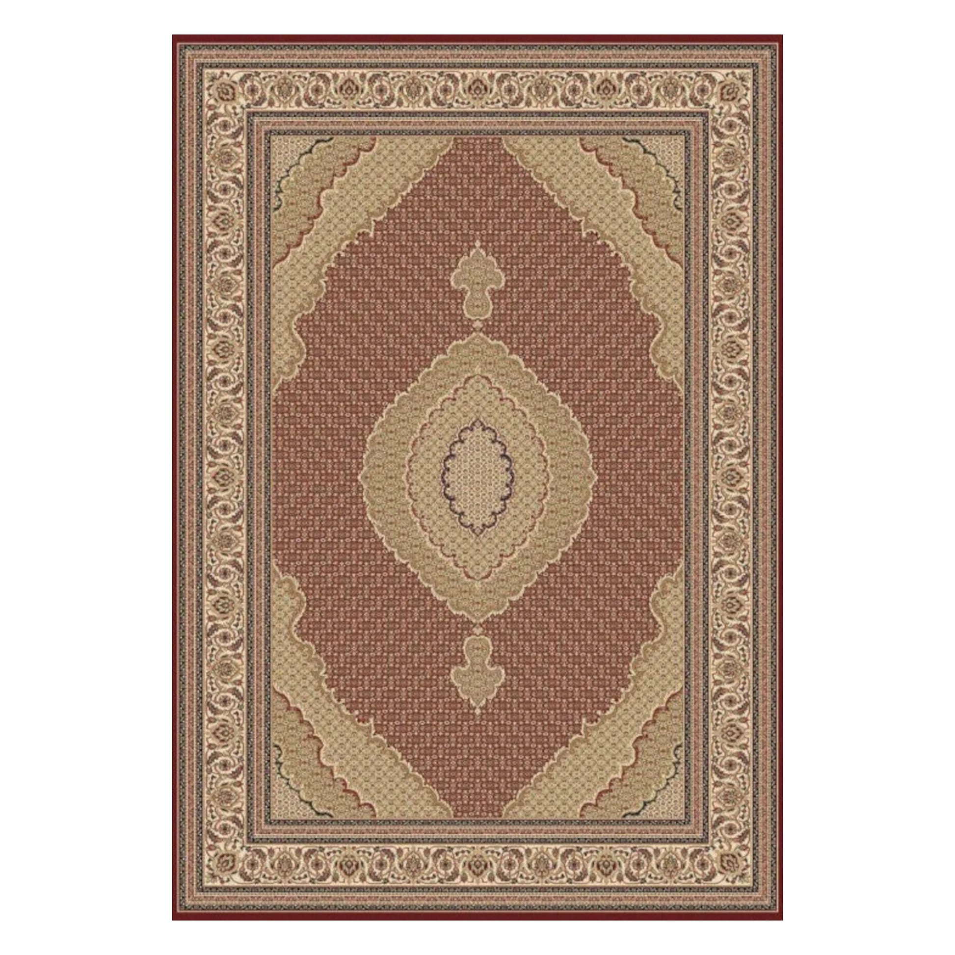 Full view of Isfahan Traditional Red Designer Rug with beige central medallion and ornamental border, 290 x 200 cm