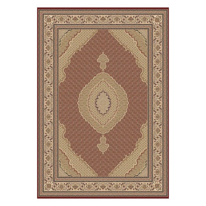 Full view of Isfahan Traditional Red Designer Rug with beige central medallion and ornamental border, 290 x 200 cm