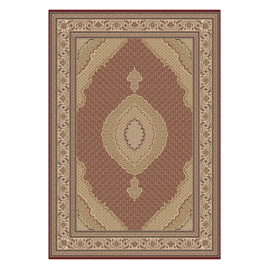 Full view of Isfahan Traditional Red Designer Rug with beige central medallion and ornamental border, 290 x 200 cm