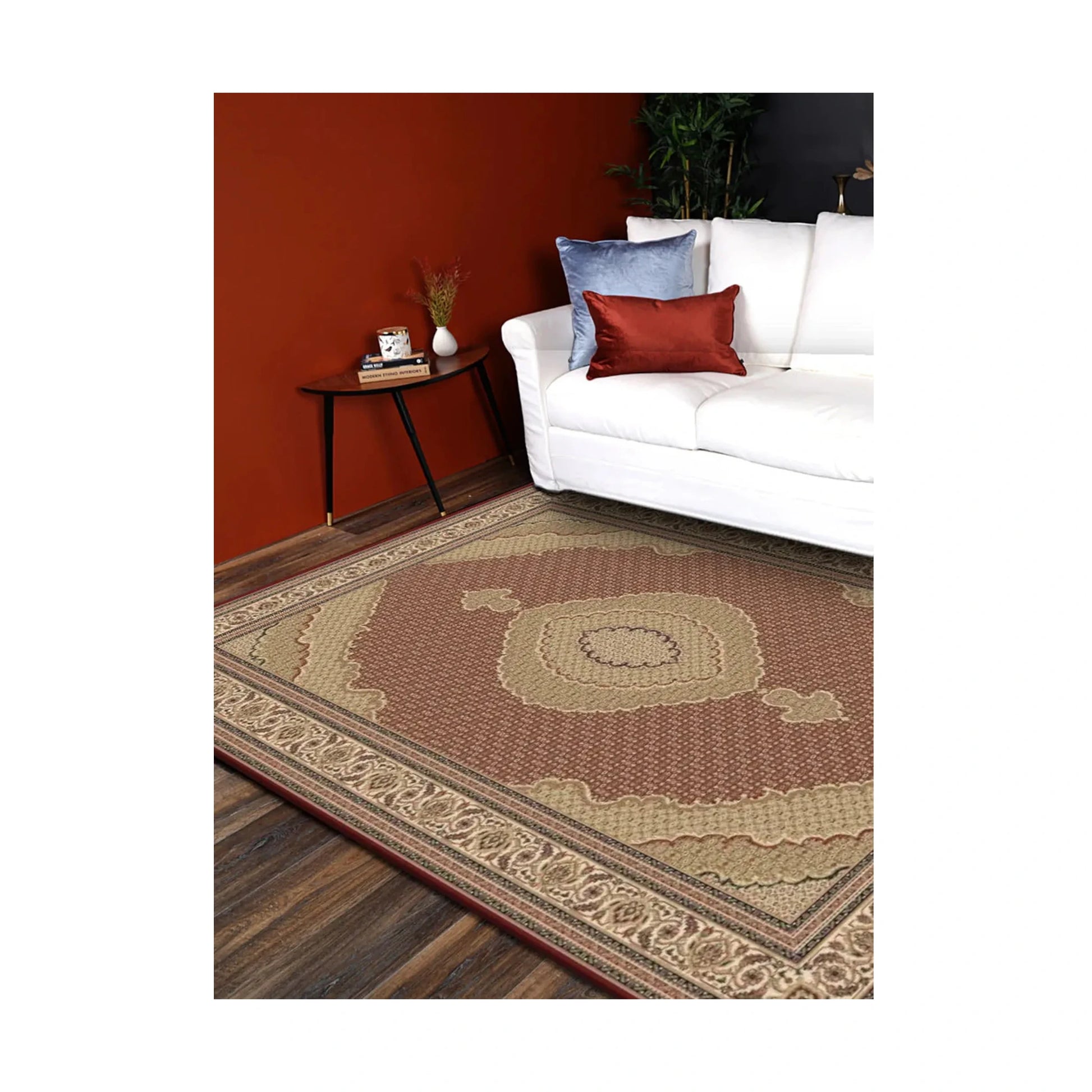 Isfahan Traditional Red Designer Rug styled in a lounge setting with warm wall colour and white sofa