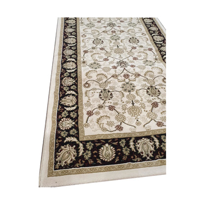 Angled corner border detail of Isfahan Traditional runner rug with cream field, black border and beige edge, 300 x 80 cm