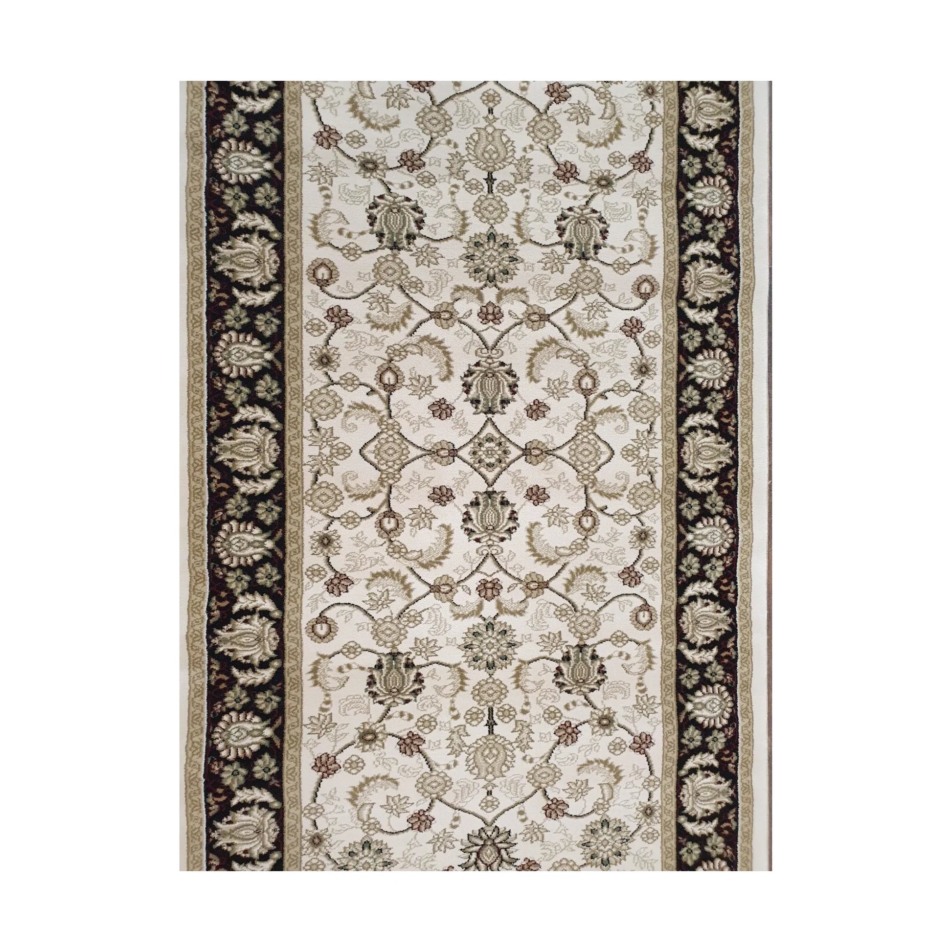 Border and field detail of Isfahan Traditional runner rug with cream floral pattern and black traditional border, 300 x 80 cm