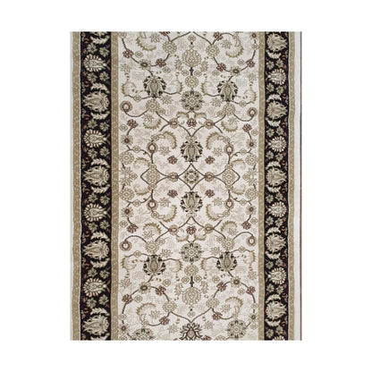 Border and field detail of Isfahan Traditional runner rug with cream floral pattern and black traditional border, 300 x 80 cm