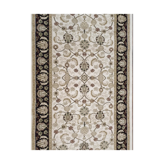 Border and field detail of Isfahan Traditional runner rug with cream floral pattern and black traditional border, 300 x 80 cm