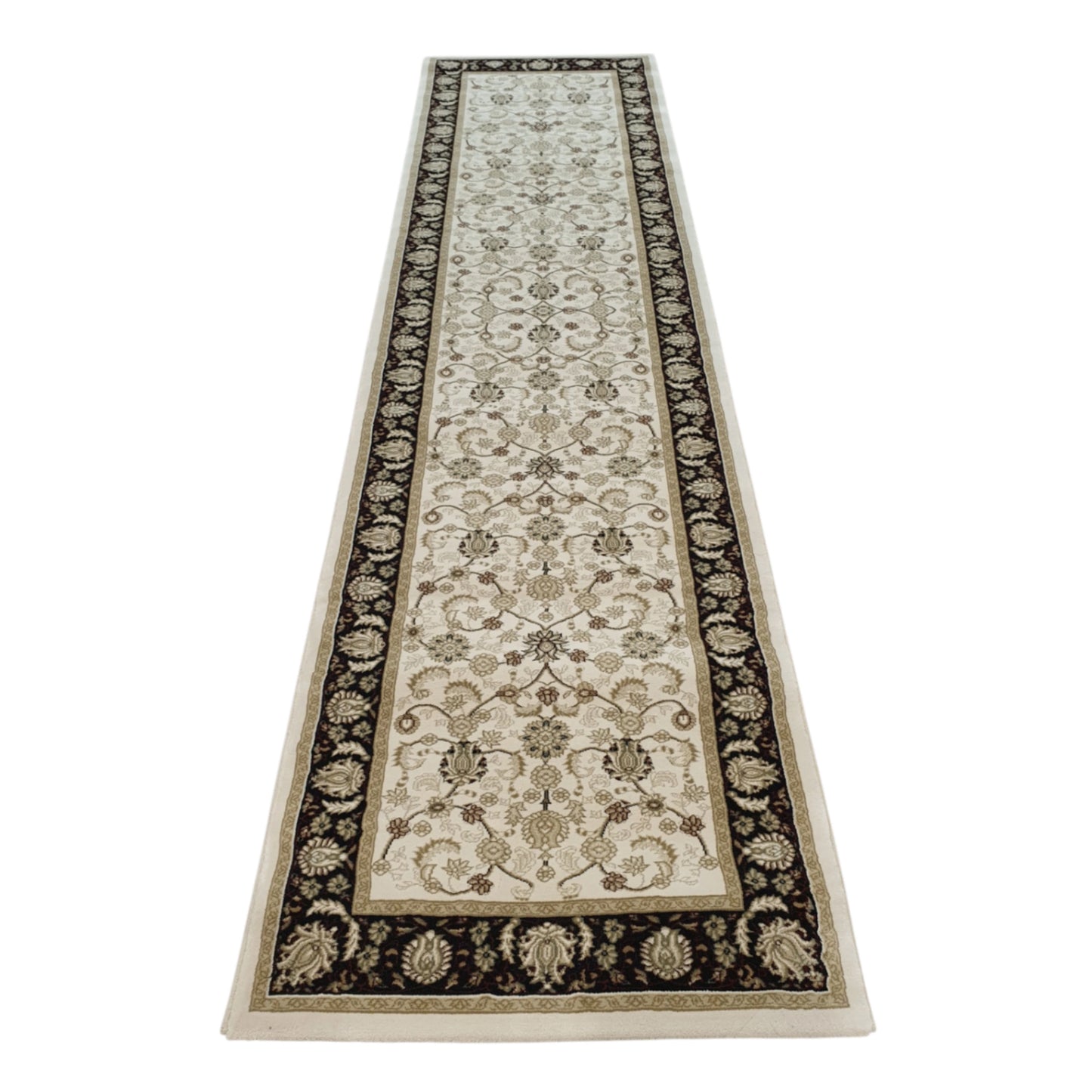 Full view of Isfahan Traditional runner rug with cream floral field and black border, 300 x 80 cm