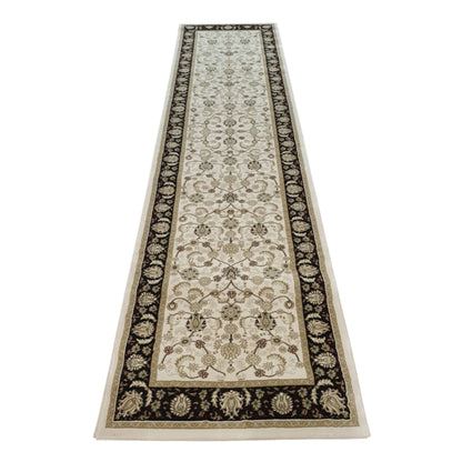Full view of Isfahan Traditional runner rug with cream floral field and black border, 300 x 80 cm