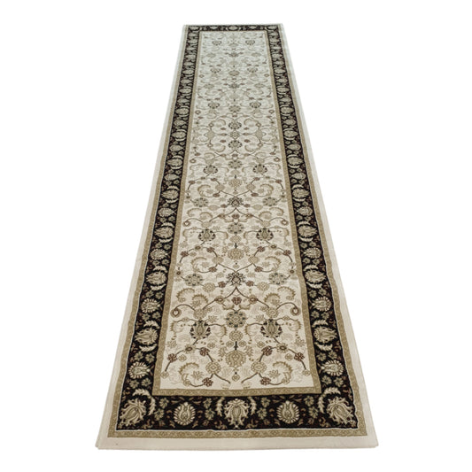 Full view of Isfahan Traditional runner rug with cream floral field and black border, 300 x 80 cm