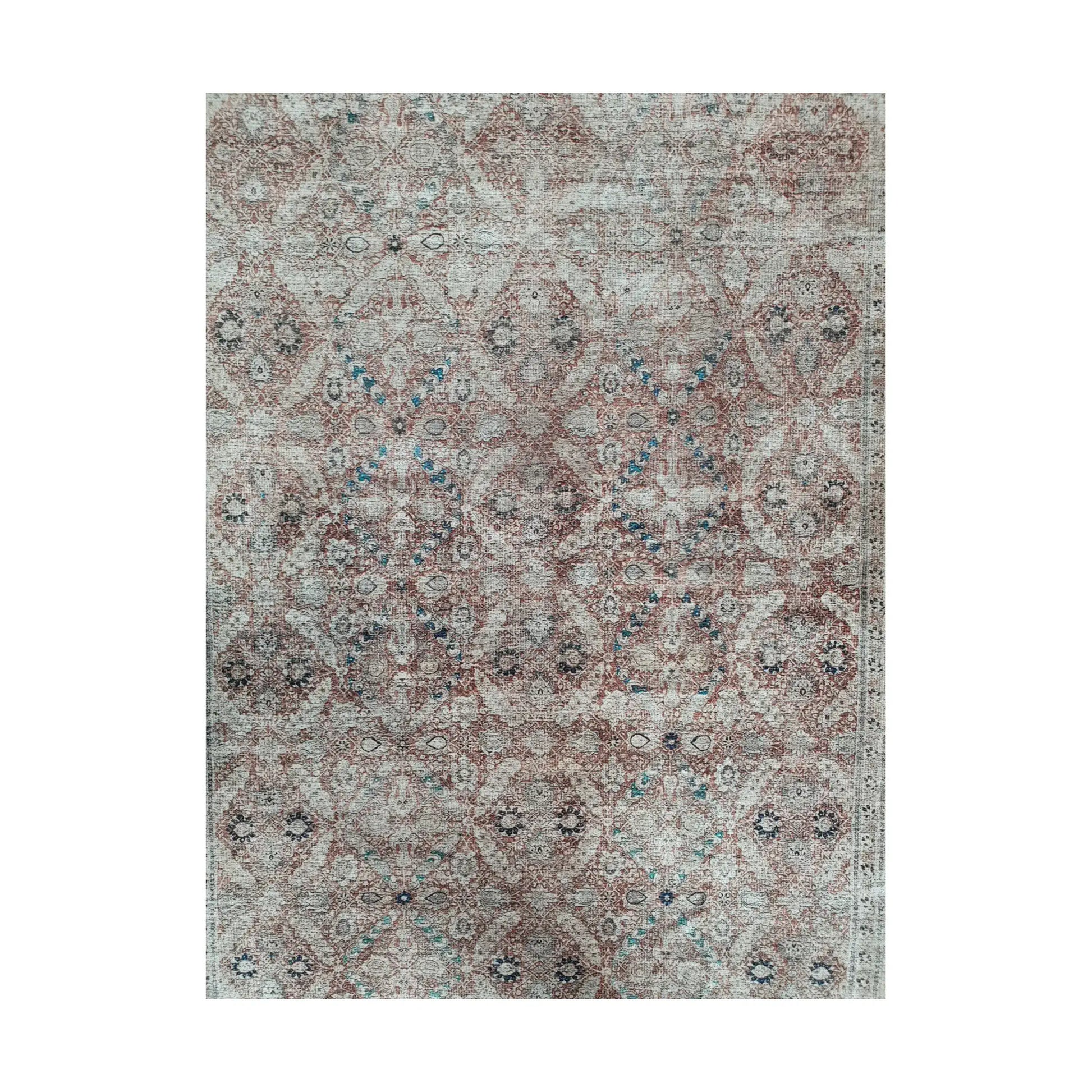Close-up of ivory blush teal cotton rug floral ornamental pattern detail