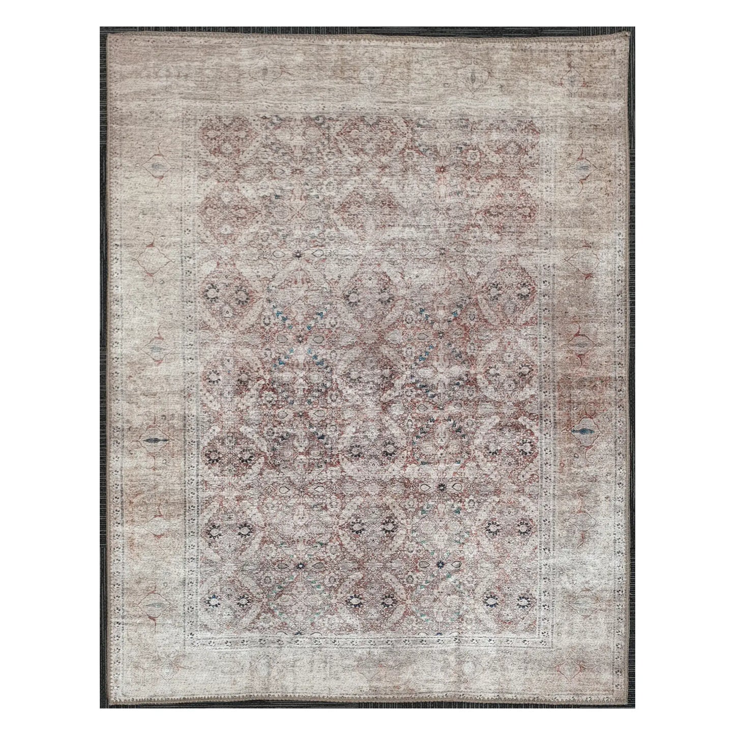 Ivory blush teal floral cotton rug 170 x 120 cm shown in full view