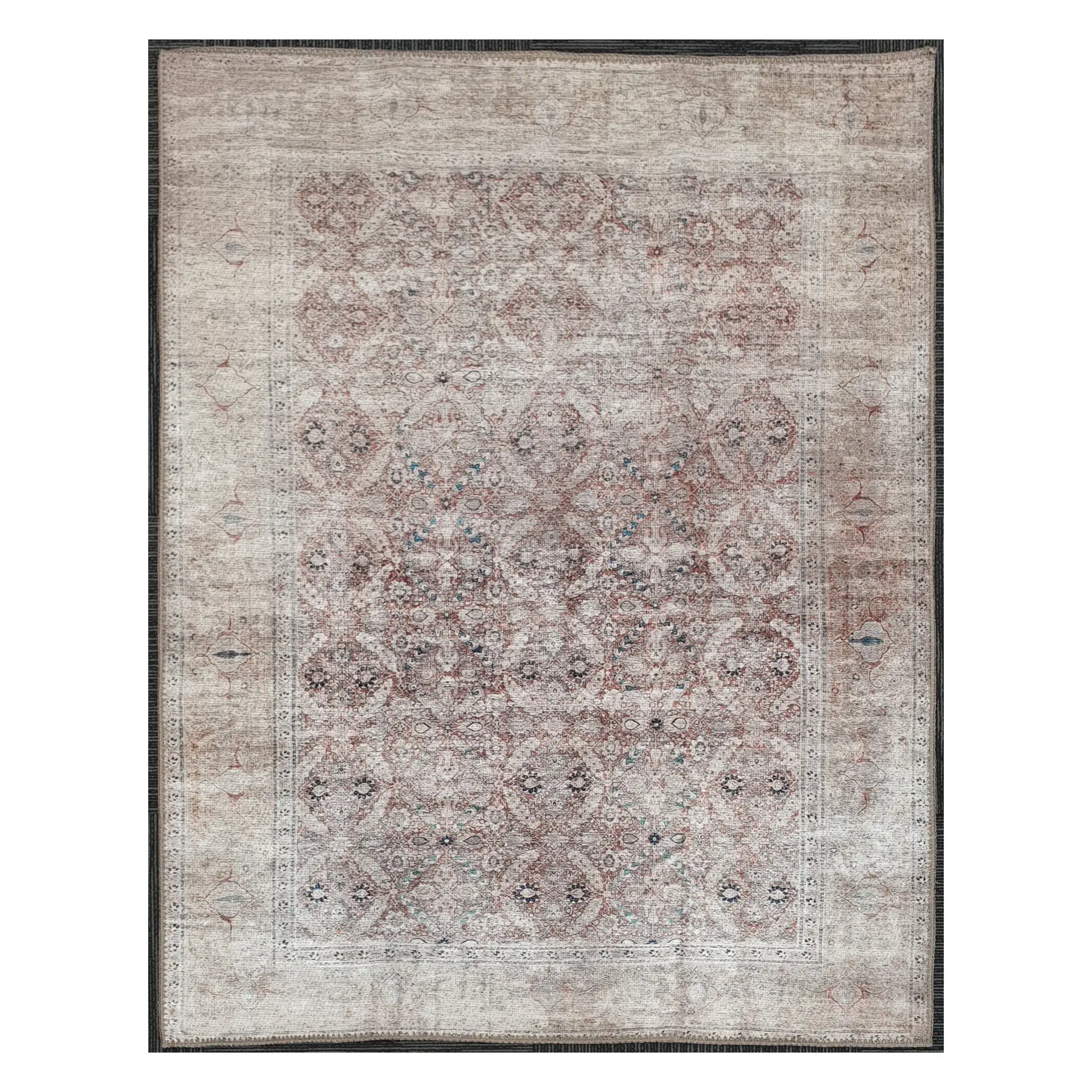 Ivory blush teal floral cotton rug 170 x 120 cm shown in full view