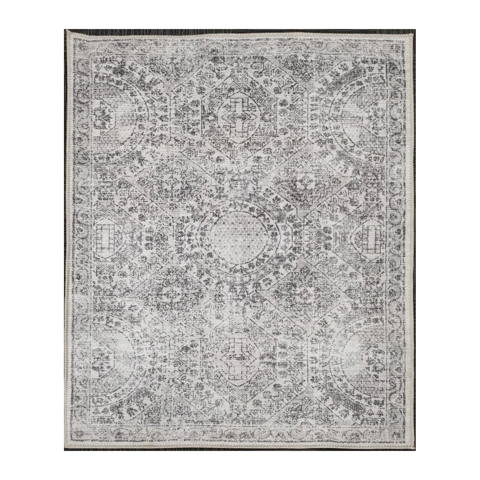 Ivory grey floral medallion cotton rug 170 x 120 cm shown in full view