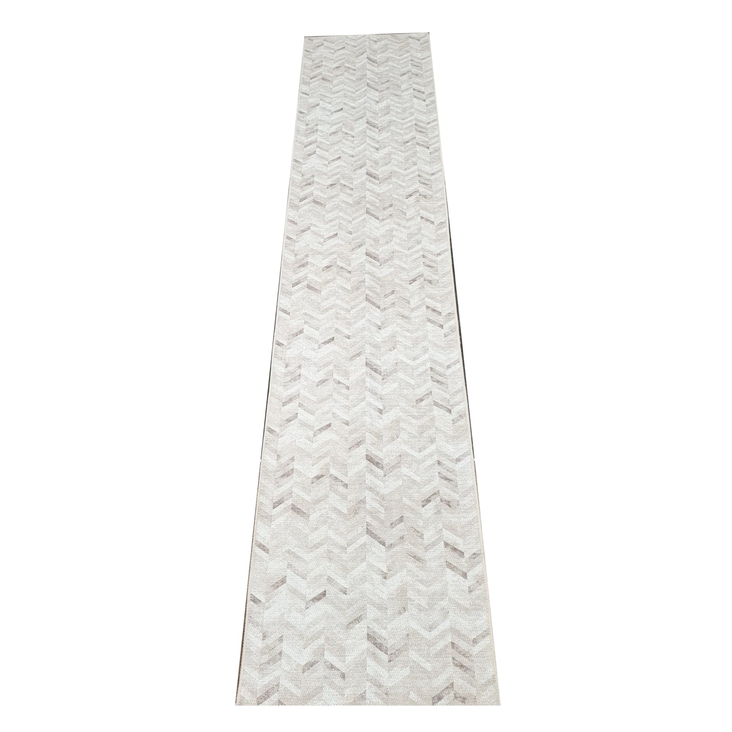 Ivory grey herringbone cotton runner rug 400 x 80 cm shown in full view