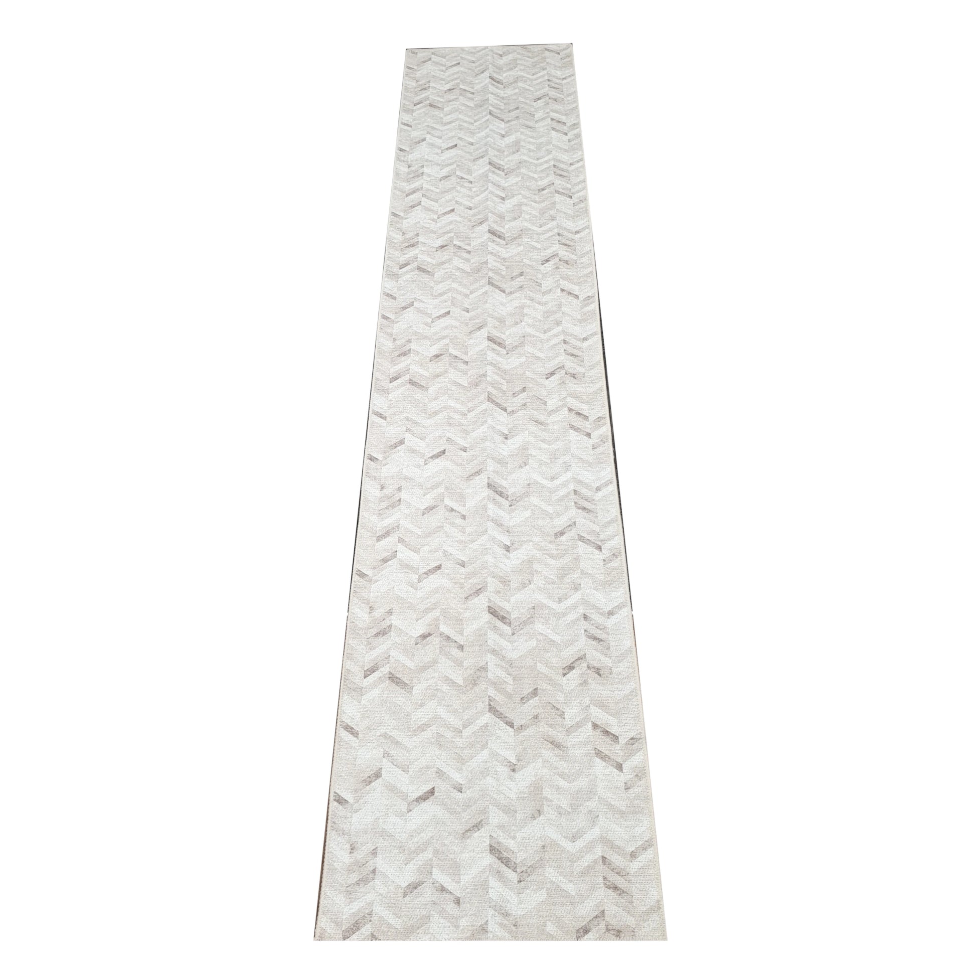 Ivory grey herringbone cotton runner rug 400 x 80 cm shown in full view