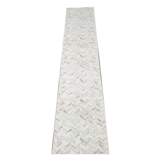 Ivory grey herringbone cotton runner rug 400 x 80 cm shown in full view