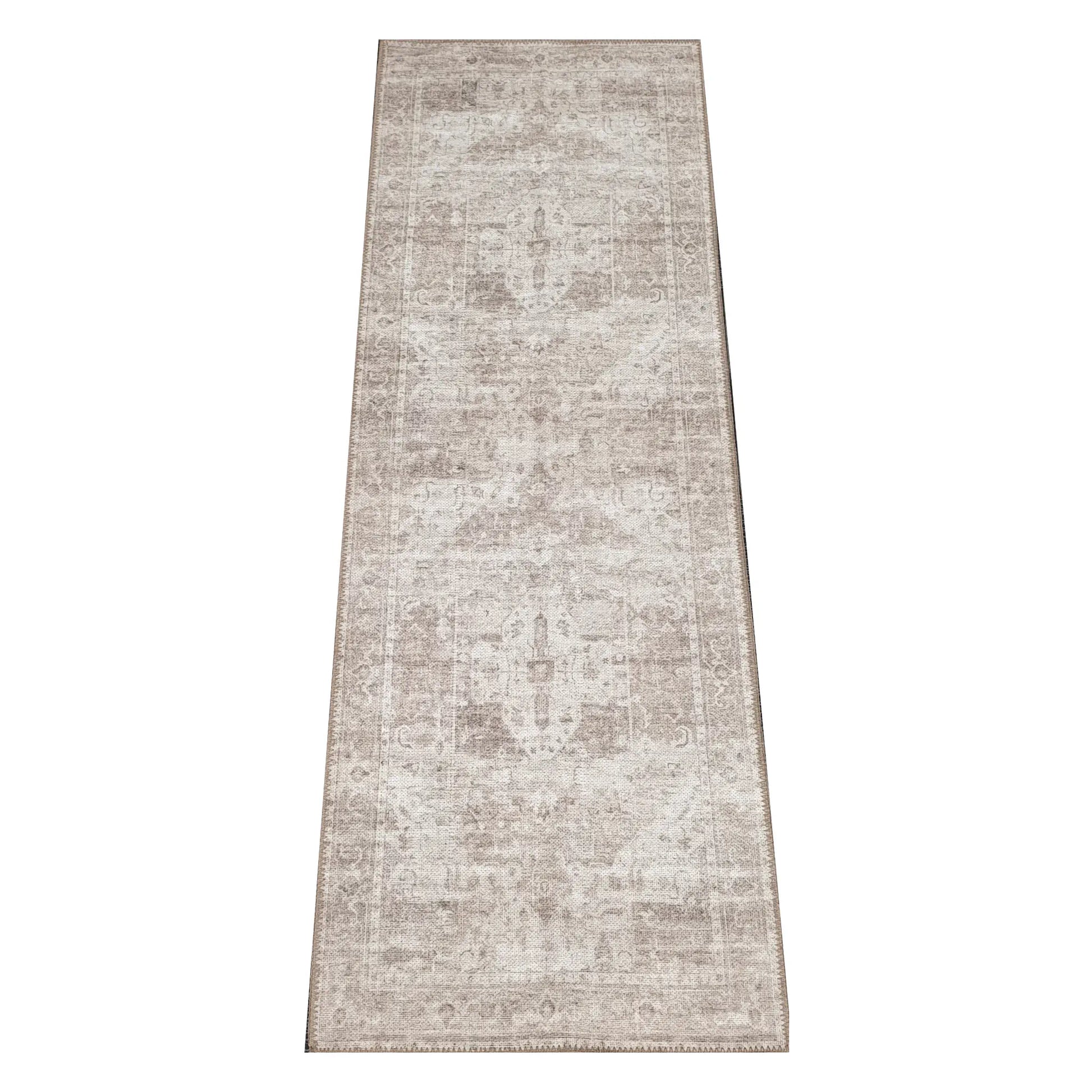 Ivory grey ornamental cotton runner rug 230 x 80 cm shown in full view