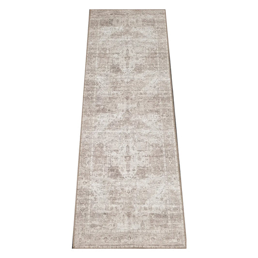 Ivory grey ornamental cotton runner rug 230 x 80 cm shown in full view