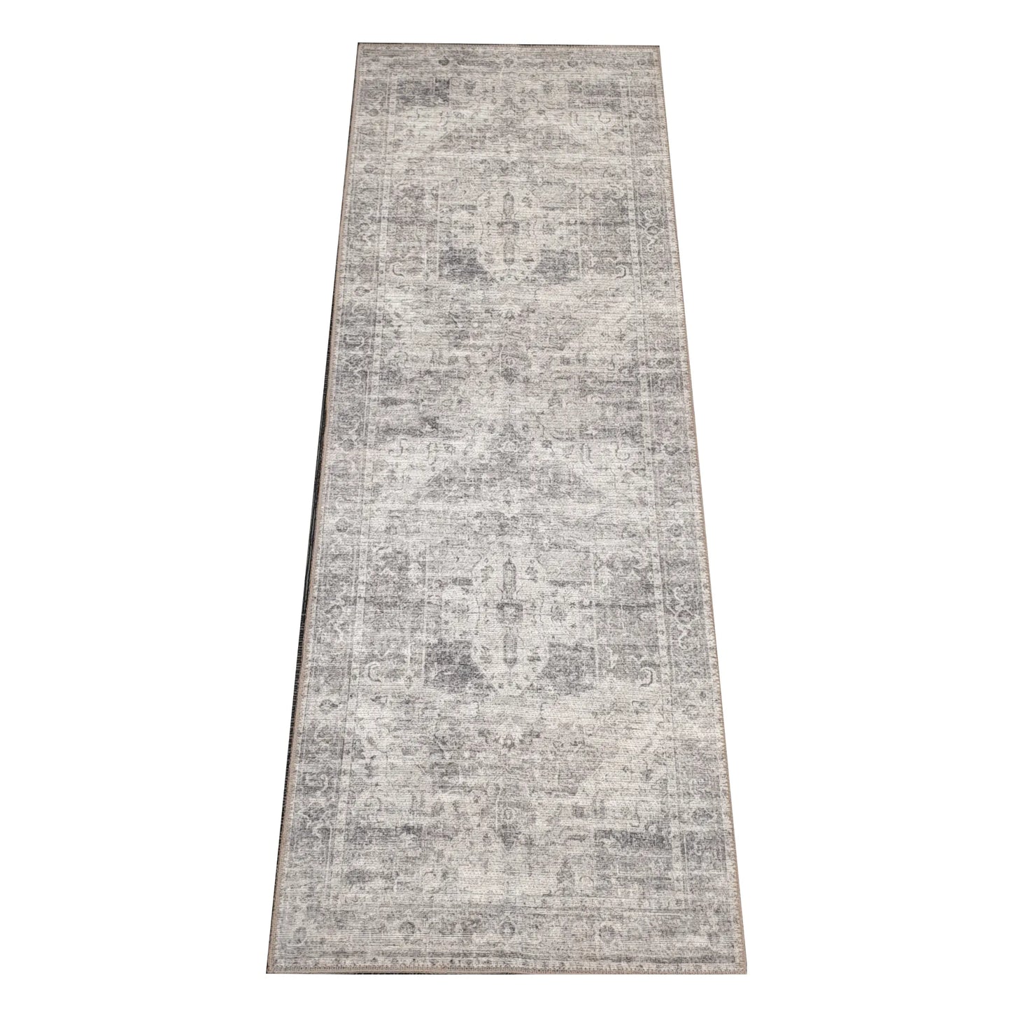 Ivory grey vintage-style cotton runner rug 230 x 80 cm shown in full view