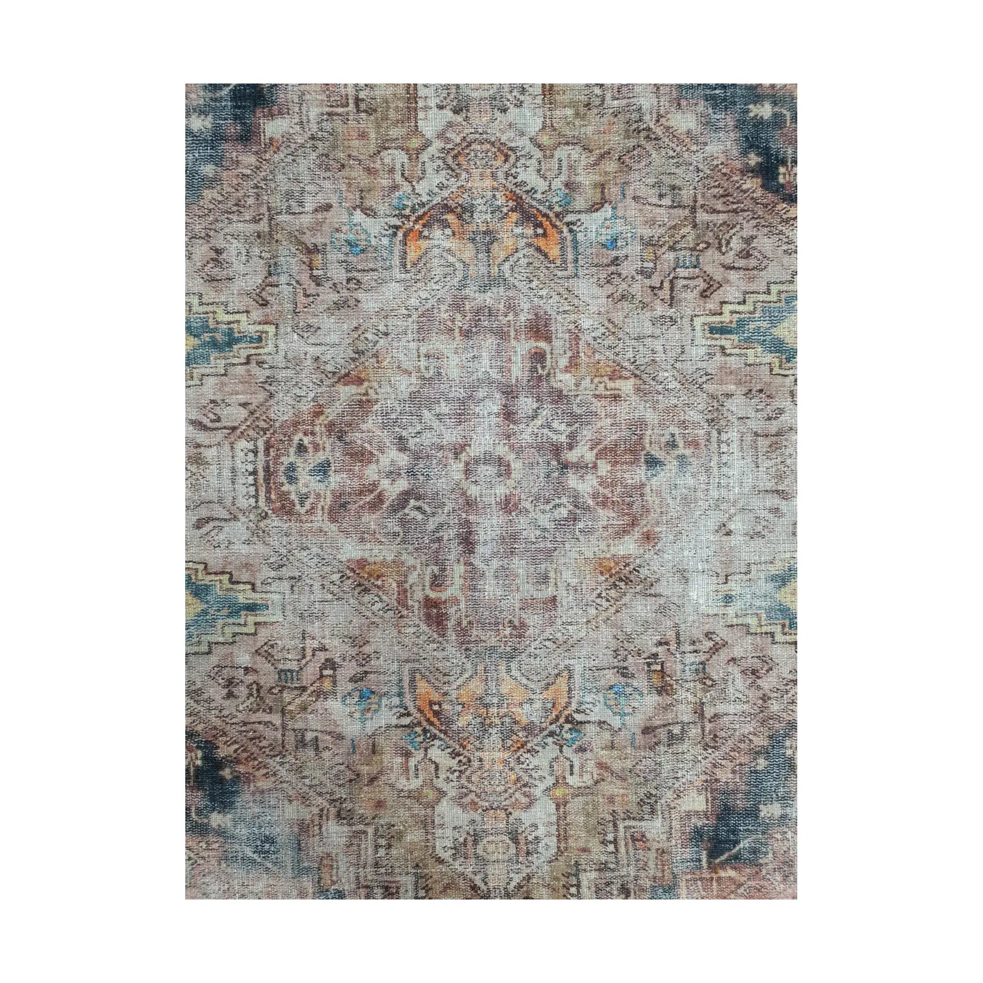 Close-up of ivory teal rust cotton rug central medallion and vintage-style pattern