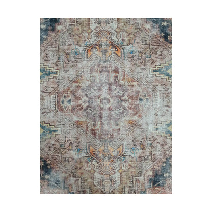 Close-up of ivory teal rust cotton rug central medallion and vintage-style pattern