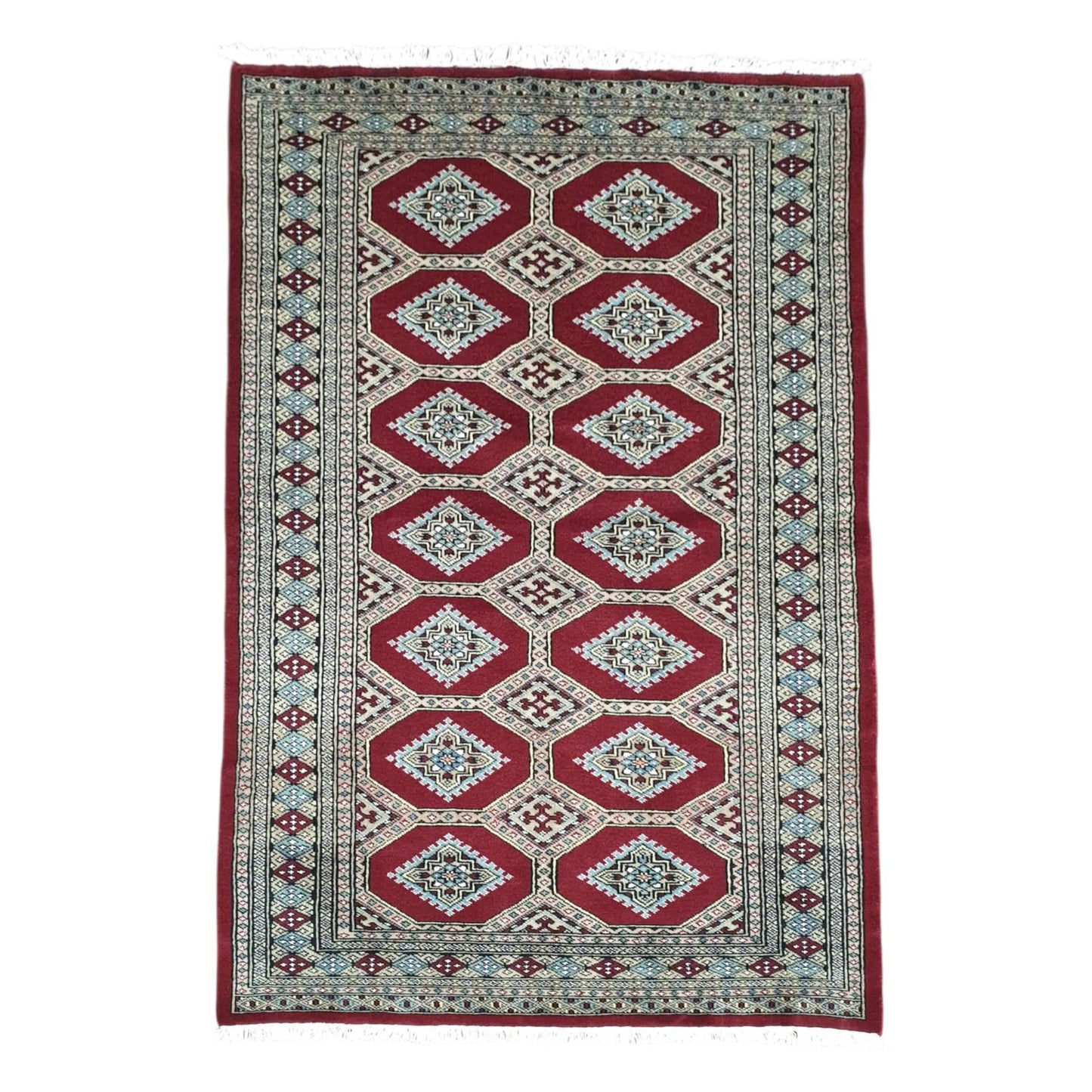 Full view of Jaldar hand-knotted wool rug with deep red octagonal panels, angular guls and layered borders, 191 x 122 cm