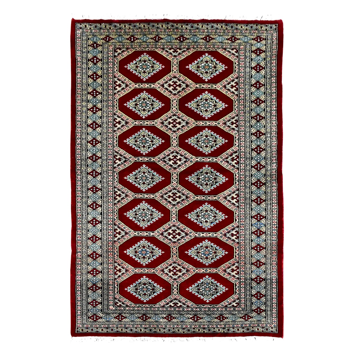 Full view of Jaldar hand-knotted wool rug with deep red octagonal panels, repeating angular guls and geometric borders, 191 x 122 cm