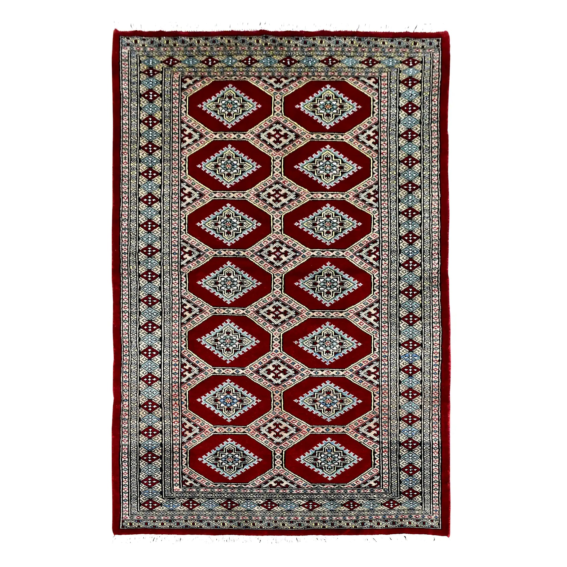 Full view of Jaldar hand-knotted wool rug with deep red octagonal panels, repeating angular guls and geometric borders, 191 x 122 cm