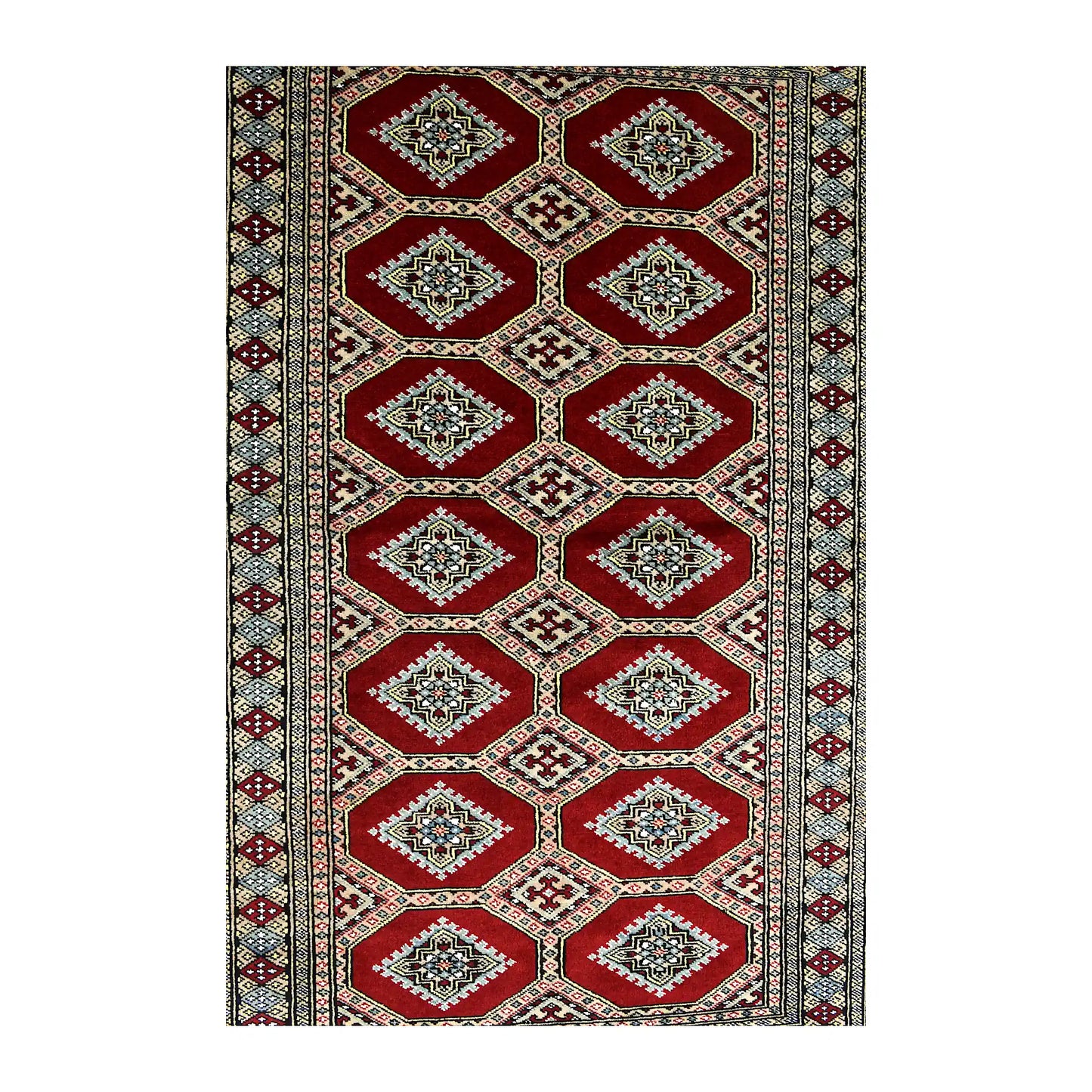 Full field detail of Jaldar rug showing repeating angular guls within deep red octagonal compartments