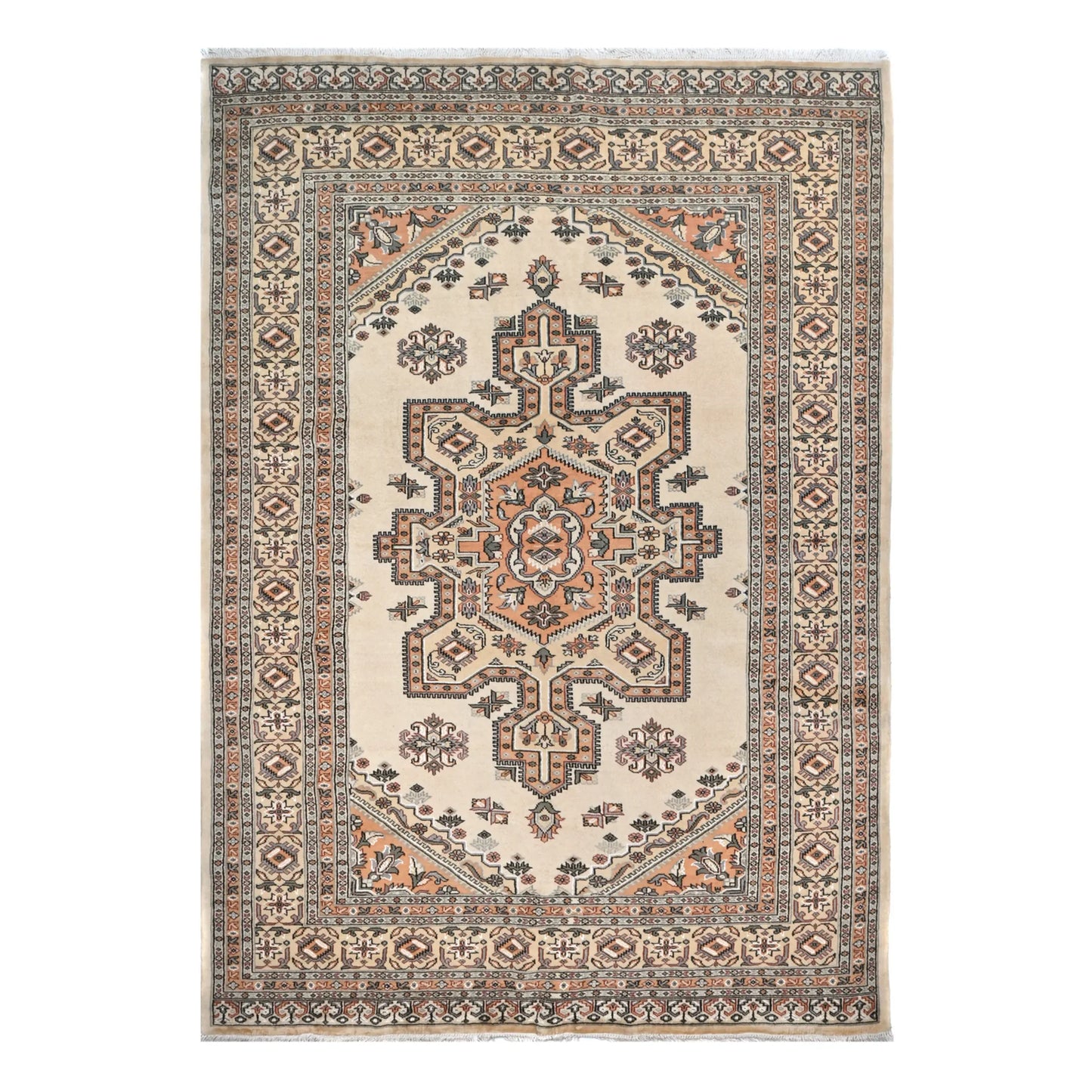 Full view of Jaldar hand-knotted wool rug with beige field, stepped geometric medallion and layered border, 268 x 186 cm