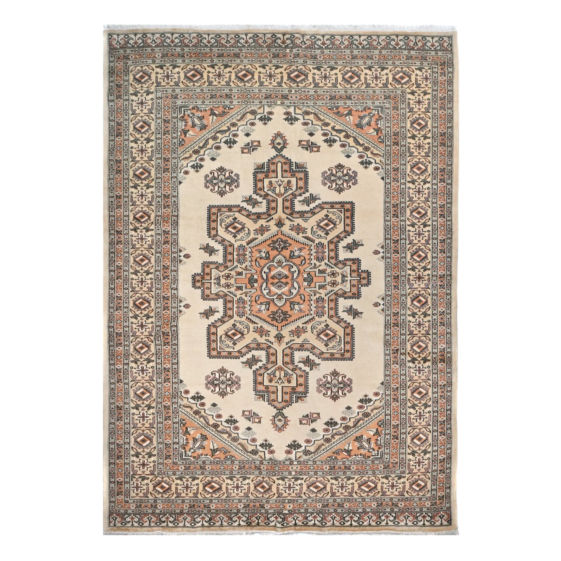 Full view of Jaldar hand-knotted wool rug with beige field, stepped geometric medallion and layered border, 268 x 186 cm