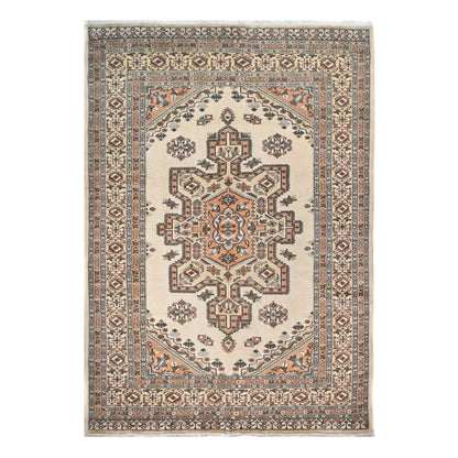 Full view of Jaldar hand-knotted wool rug with beige field, stepped geometric medallion and layered border, 268 x 186 cm