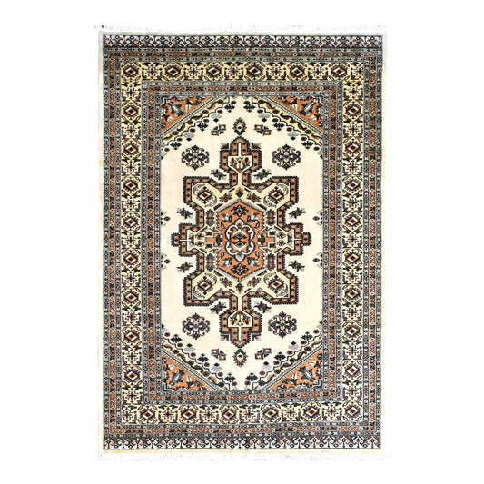 Full view of Jaldar hand-knotted wool rug with warm beige field, stepped geometric medallion and layered borders, 268 x 186 cm