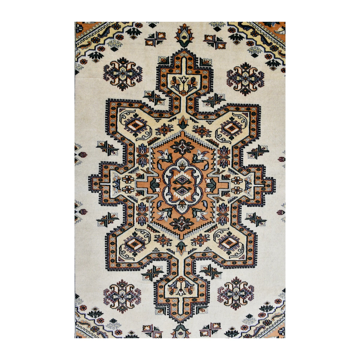 Field detail of Jaldar rug showing the complete stepped central medallion and smaller motifs across the warm beige ground