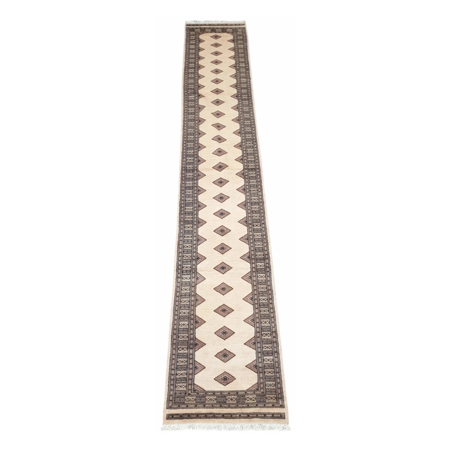 Full view of Jaldar Silk Touch hand-knotted wool runner rug with beige field and black border, 438 x 74 cm