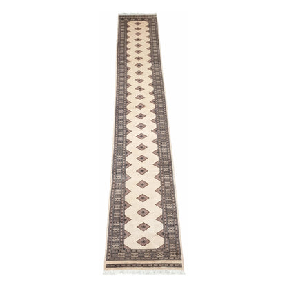 Full view of Jaldar Silk Touch hand-knotted wool runner rug with beige field and black border, 438 x 74 cm