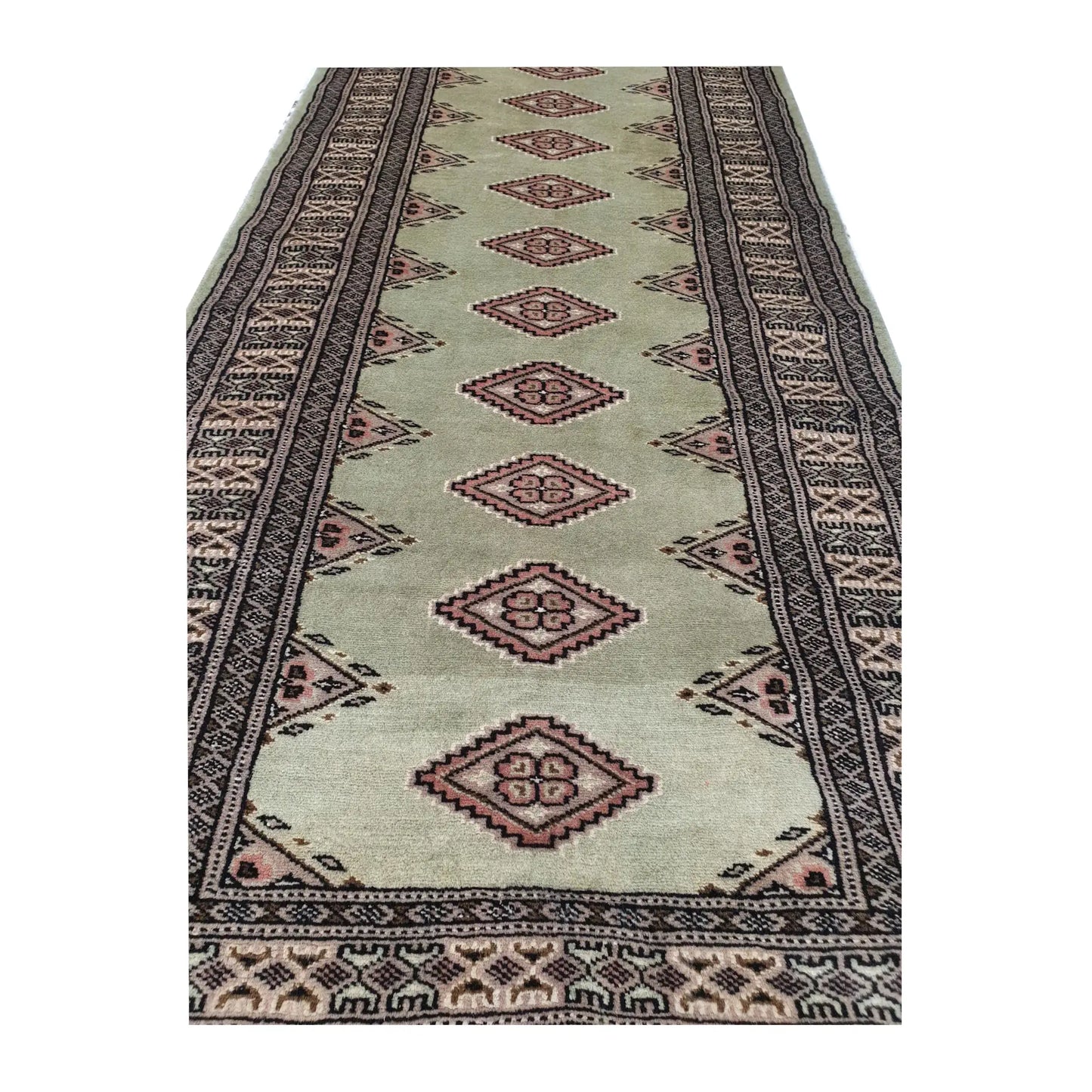 Jaldar Silk Touch hand-knotted wool runner rug 449 x 80 cm full view with sage green field and diamond gul motifs