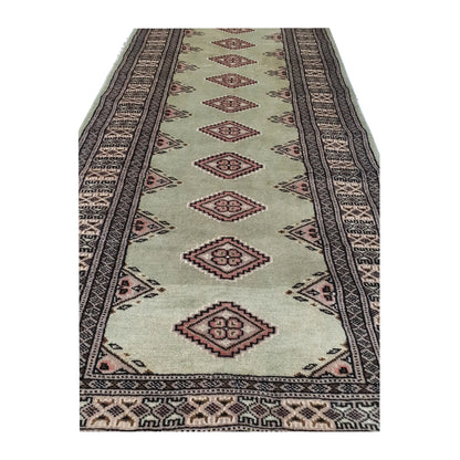 Jaldar Silk Touch hand-knotted wool runner rug 449 x 80 cm full view with sage green field and diamond gul motifs