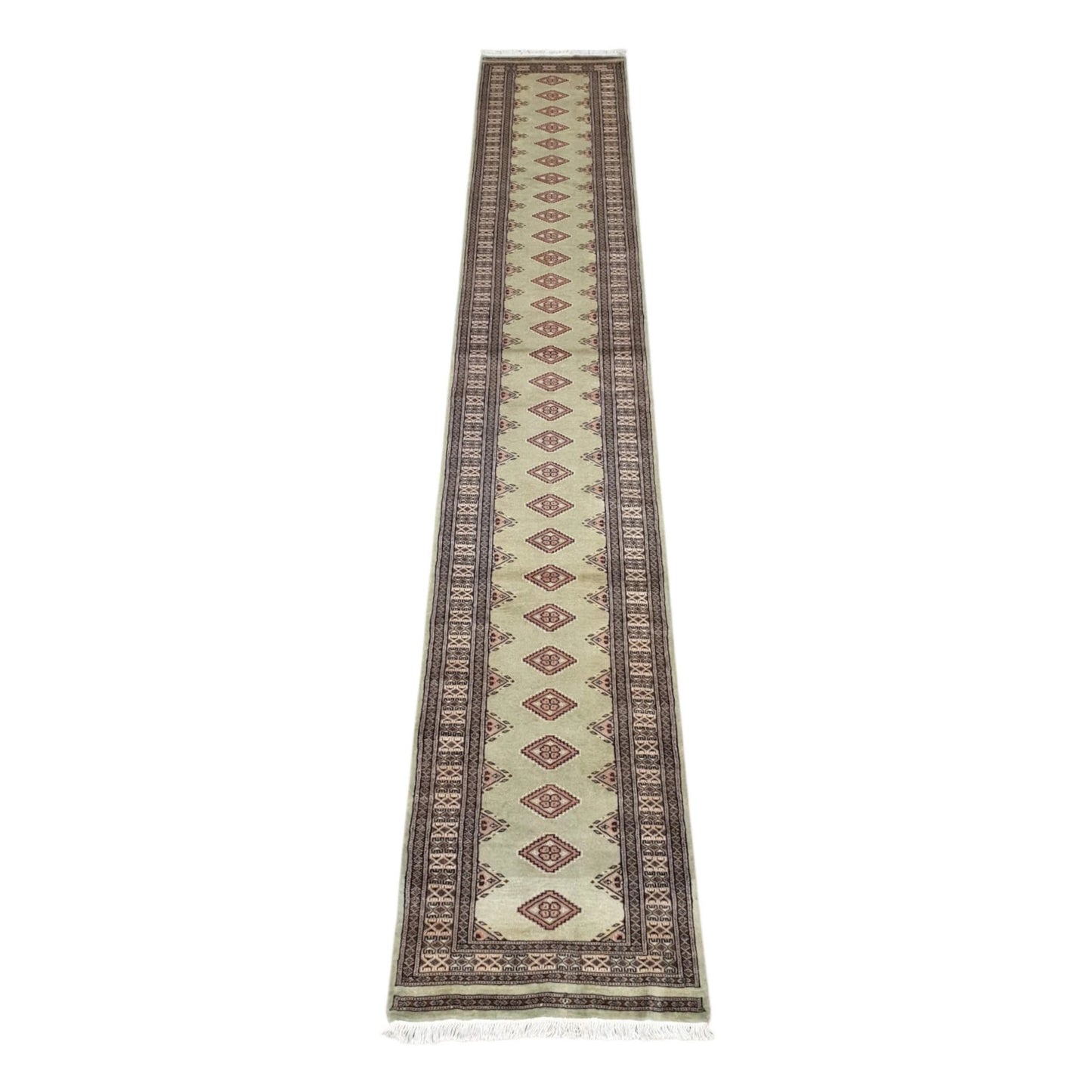 Jaldar Silk Touch hand-knotted wool runner rug 449 x 80 cm full view with sage green field and diamond gul motifs