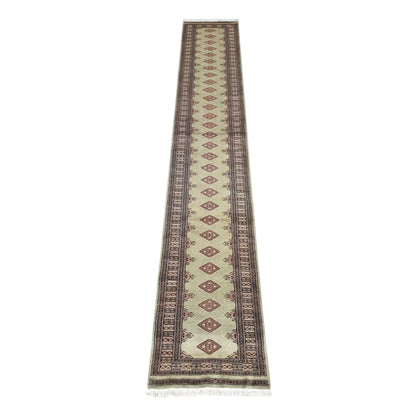 Jaldar Silk Touch hand-knotted wool runner rug 449 x 80 cm full view with sage green field and diamond gul motifs