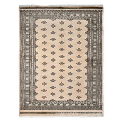 Full view of Jaldar Silk Touch hand-knotted wool and silk rug with beige field, angular diamond guls and layered charcoal borders, 245 x 167 cm