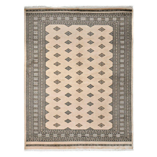 Full view of Jaldar Silk Touch hand-knotted wool and silk rug with beige field, angular diamond guls and layered charcoal borders, 245 x 167 cm