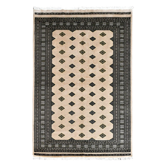Full view of Jaldar Silk Touch hand-knotted wool and silk rug with beige field, diamond guls and layered charcoal borders, 245 x 167 cm