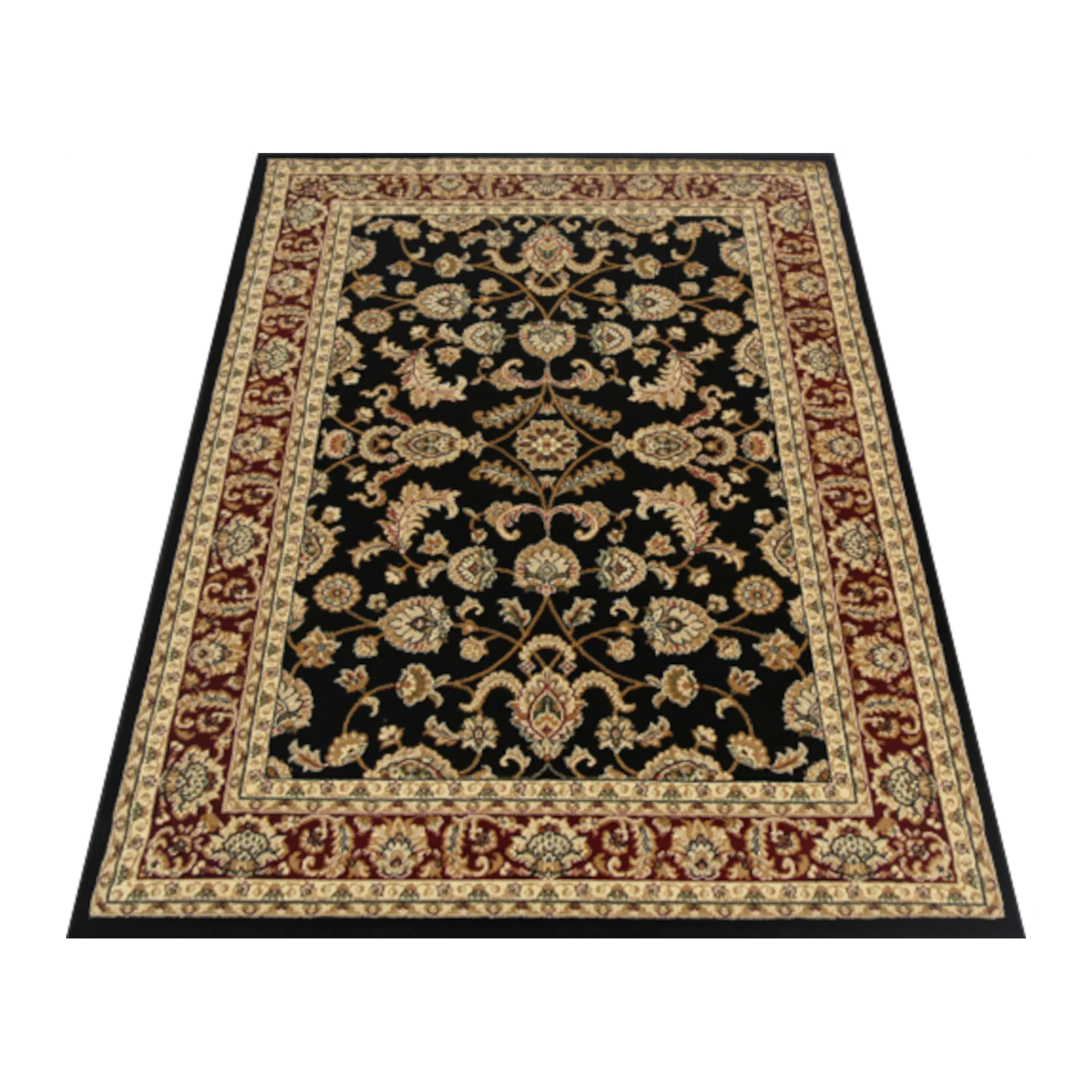 Angled view of Julian 90500 Black Red traditional rug showing black field, red border and ornate floral design
