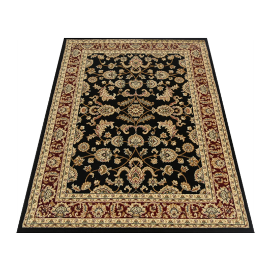 Angled view of Julian 90500 Black Red traditional rug showing black field, red border and ornate floral design