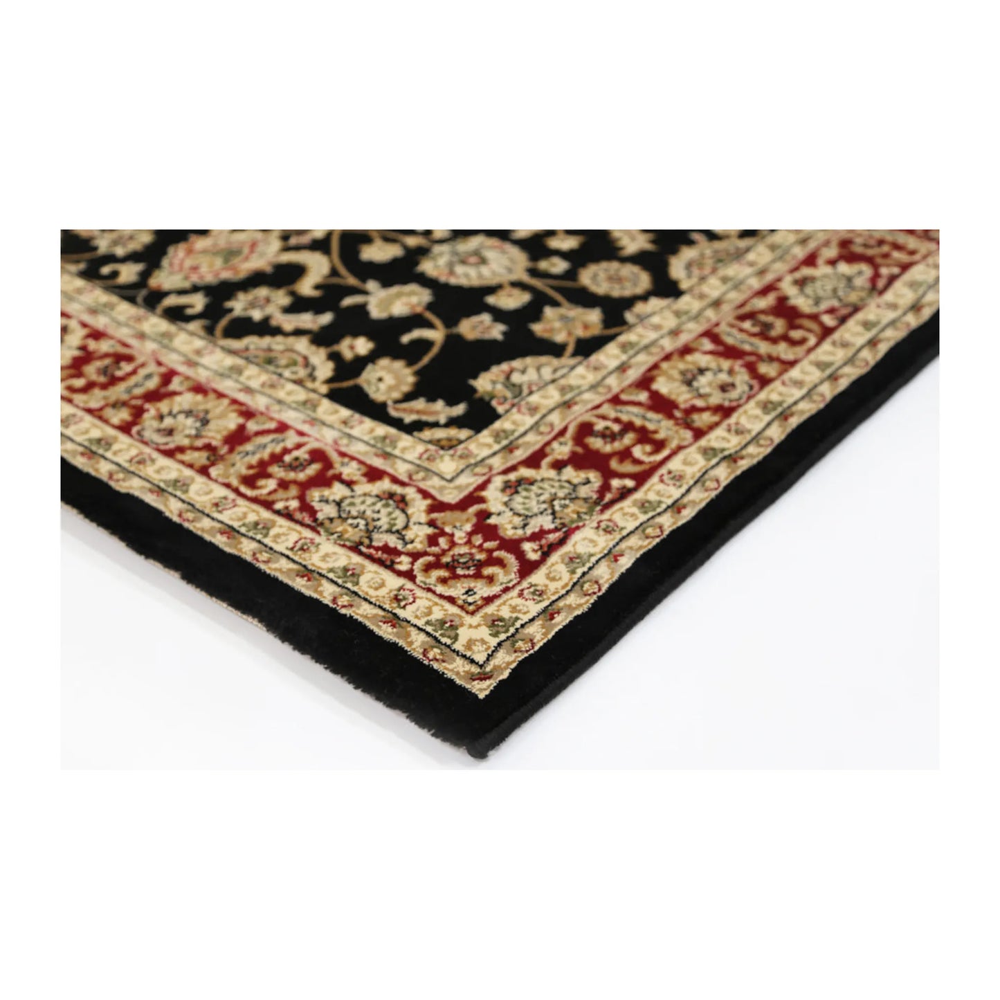 Corner detail of Julian 90500 Black Red traditional rug showing bound edge, red border and black patterned field