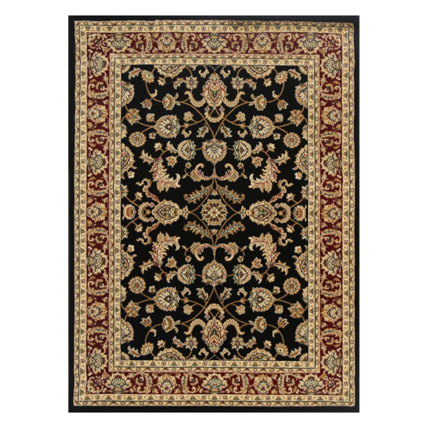 Full view of Julian 90500 Black Red traditional rug with black centre field, floral medallion pattern and red border