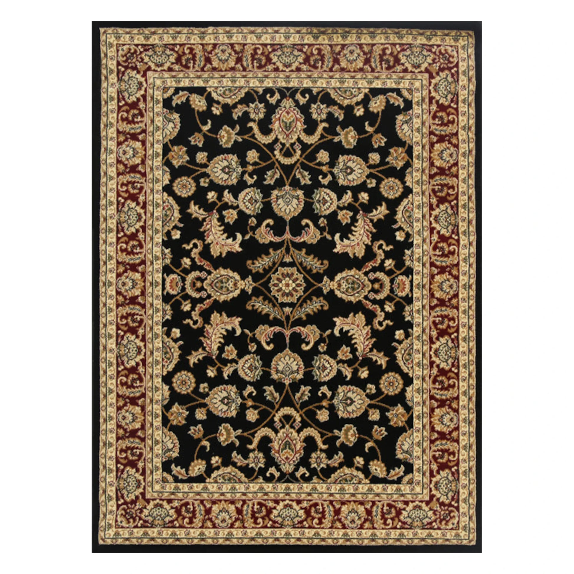 Full view of Julian 90500 Black Red traditional rug with black centre field, floral medallion pattern and red border