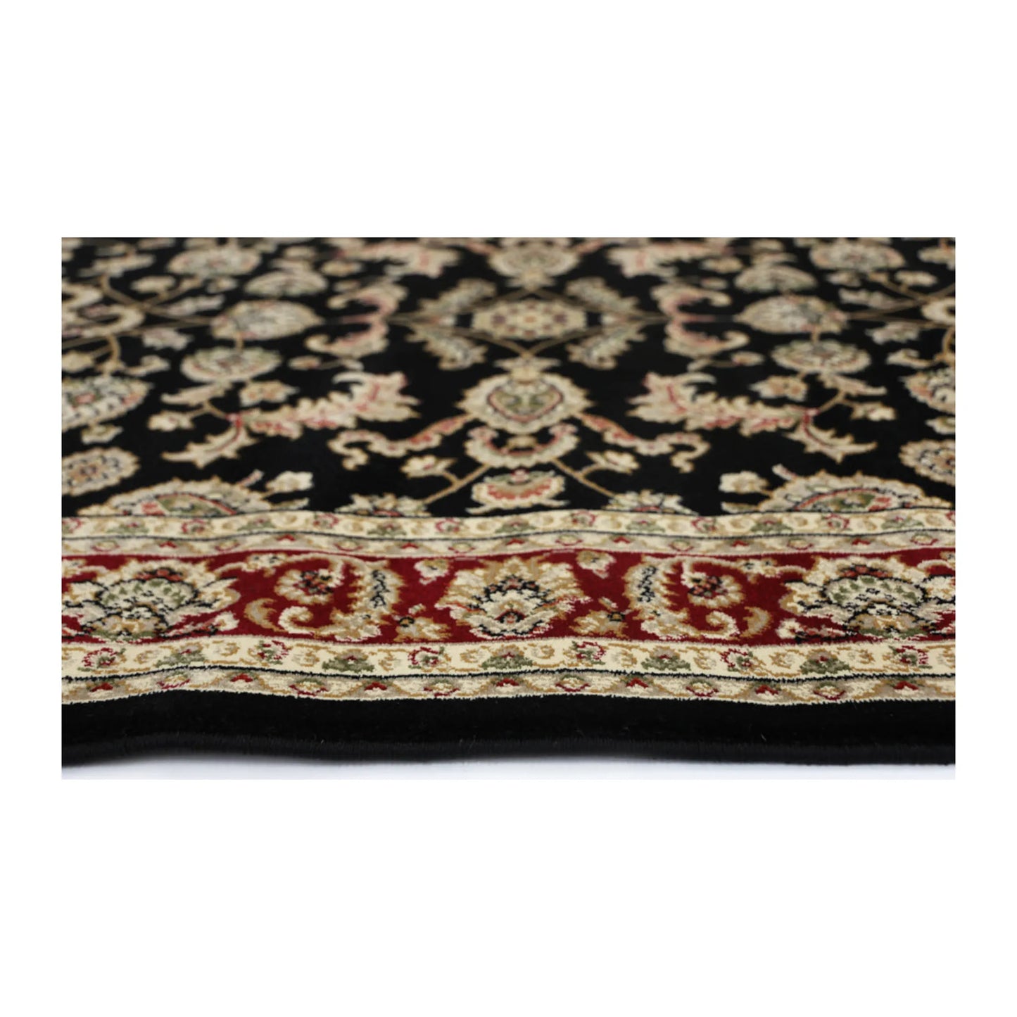 Close-up of Julian 90500 Black Red rug showing polypropylene pile texture, floral detail and traditional border pattern